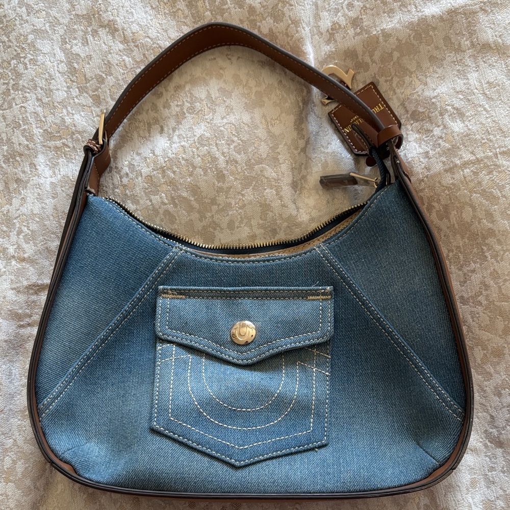 True Religion Blue Denim Shoulder Bag with Brown Trim